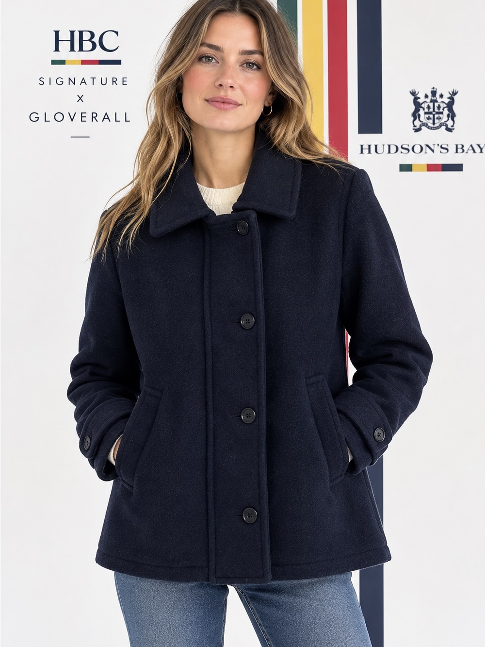 HBC Signature x Gloverall Navy Wool Pea Coat Jacket Size L Made in England